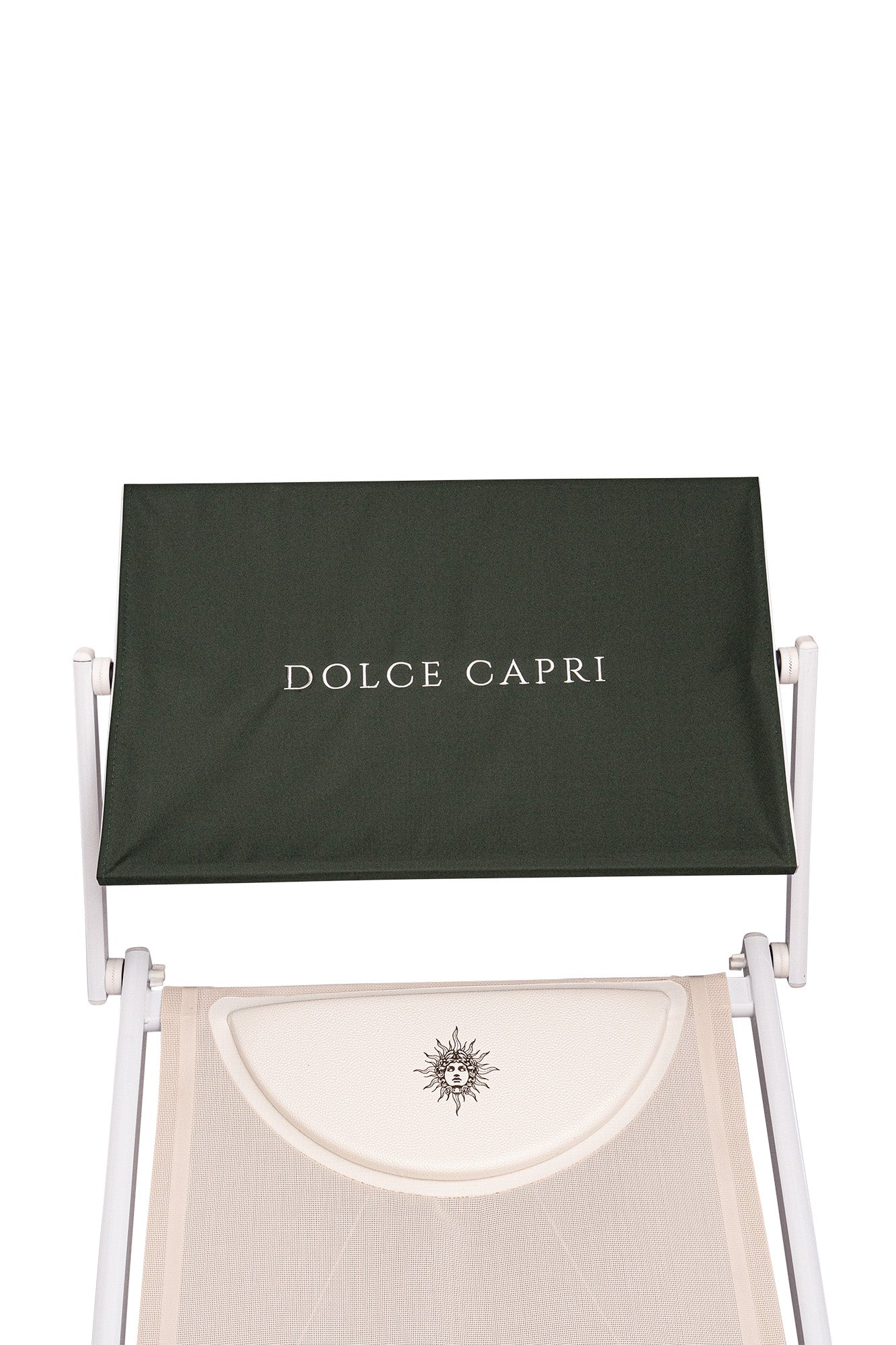 Adjustable sun shade visor on Dolce Duo loungers — reduces glare and provides full face coverage.