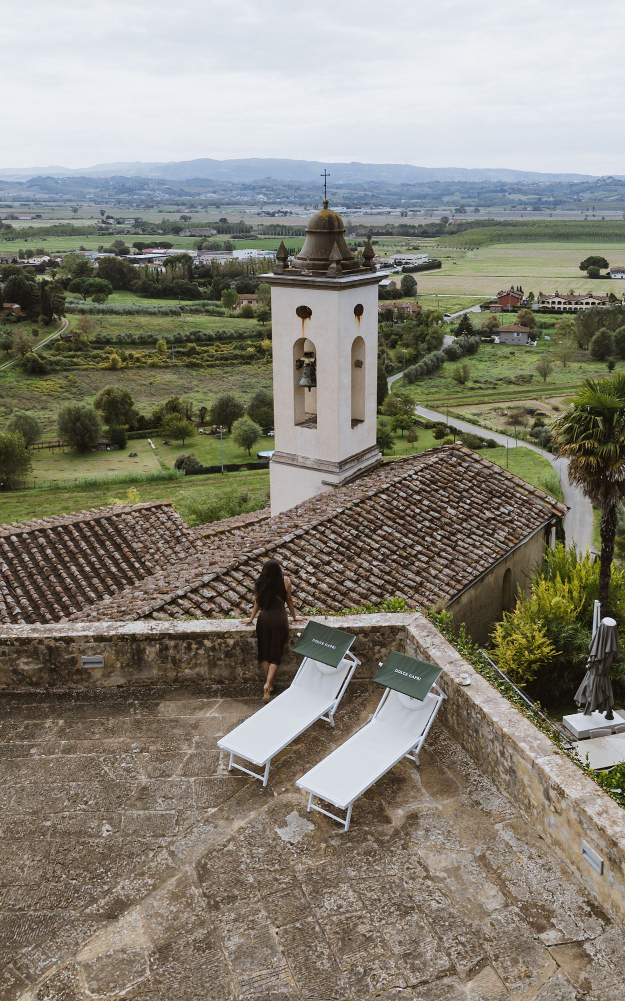 Dolce Duo sun loungers in Tuscan Olive — Mediterranean-inspired foldable outdoor loungers with rust-proof aluminium frames.