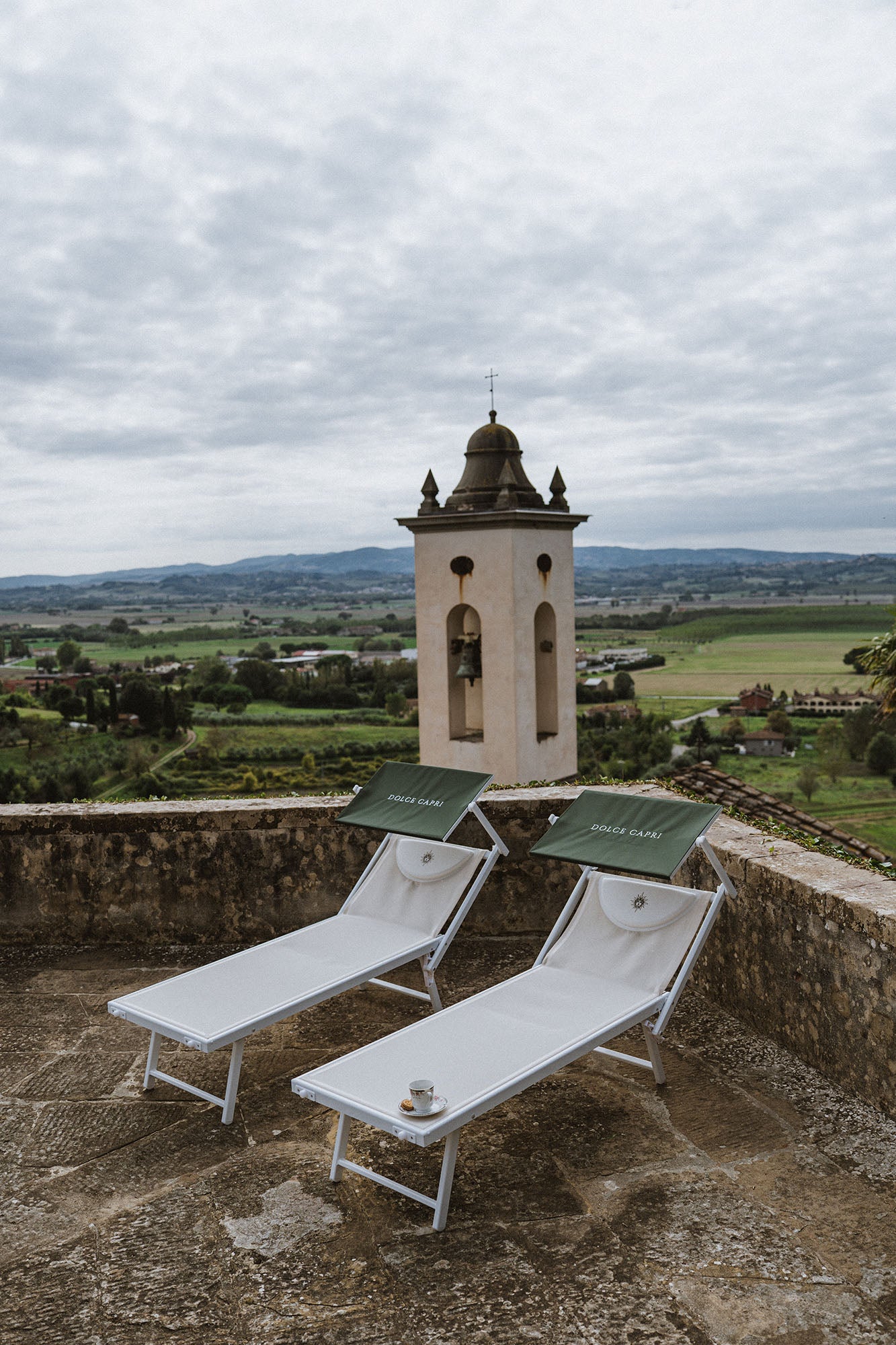 Dolce Duo luxury aluminium sun loungers with adjustable sun shades — premium Italian-inspired outdoor furniture set.